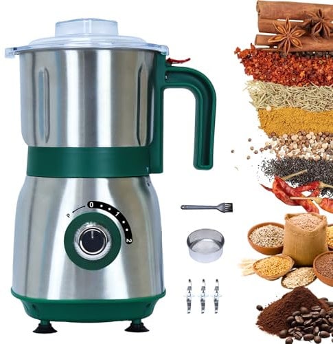 Versatile Kitchen Grinder | 500W Electric Mill | Grinds Spices, Nuts, Grains, Coffee | 3 Stainless Steel Blades | Wet & Dry Use (Green)