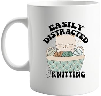 Easily Distracted by Knitting 11oz Mug with Cat Design – Hilarious Coffee Mug for Knitters, Great Present for Knitting Enthusiasts, Gift for Cat Lovers Who Knit