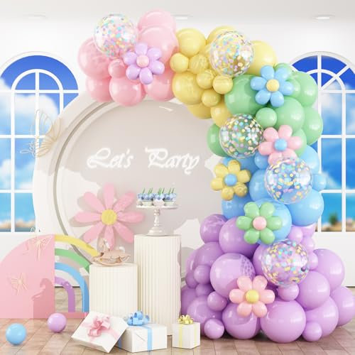 HILAVO Kit per arco di palloncini pastello Macaron, rosa, blu, verde, viola, giallo, colori pastello, arcobaleno, coriandoli, palloncini in lattice, ghirlanda per Pasqua, compleanno, baby shower