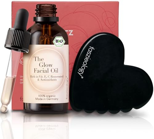 faszieology® Geschenkset – Love & Glow - Faszienherz aus Obsidian für revitalisierende Gesichtsmassage & Bio Gesichtsöl [50 ml] - Detox, Anti-Aging & Selfcare-Rituale - 100% natürlich & vegan