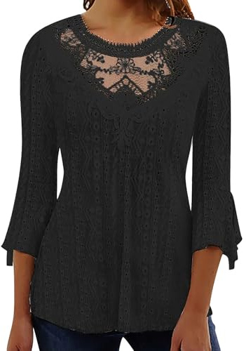 Cocila Haut à Manches Trois Quarts pour Femmes Confortable Et DéContracté Ajouré Transparent Couture en Dentelle Nouvelle éTé en Dentelle Noir Chemisier Femme Manche Courte Chemisier Femme