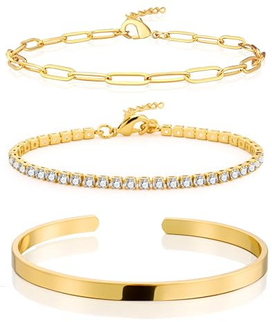ALEXCRAFT Gold Damen Armband Set – Verstellbare Damen Armband 3-teilig Klassische Offenes Armbänder Verstellbare Armbänder mit Zirkonia Schmuck Geschenke