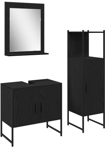vidaXL Moderner hoher Badschrank mit Spiegel | Freistehende Stauraum Einheit Schwarz-Eiche 4 Türen Eingebaute Regale Organisationsmöbel Kompakte Lösungen Zuhause Elegante Funktionale Badmöbel