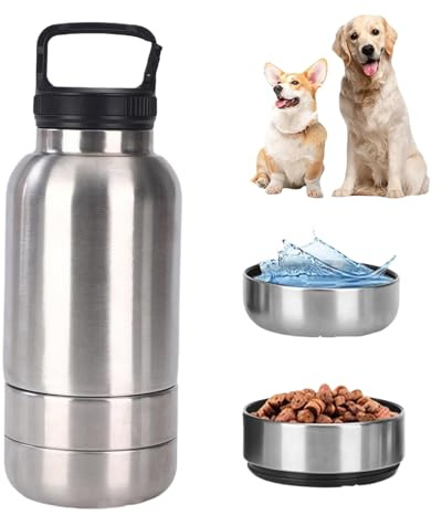 dijiusidy 3-in-1 Dog Water Bottle, Stainless Steel Insulated Puppy Water Bottle with Detachable Food Bowl and Water Bowl, Portable Dog Water Bottles for Walking, Travel, Camping (Silver, 32oz)