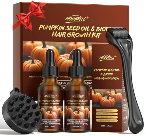 Kürbiskernöl & Biotin Haarwuchsserum, Haarwuchs-Set mit Roller & Kopfhautmassagegerät, Haarverdichtungsprodukte, reduziert Haarausfall, Haarausfallkontrolle | für Männer & Frauen | 30 ml, 2er-Pac