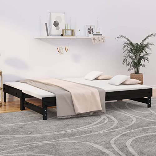 HaoChrymec Tagesbett Ausziehbar Schwarz Massivholz Kiefer, Multifunktionales Sofa und Bett, Ausziehbar, tagesbett, schlafsofa, Für Wohnzimmer & Gästezimmer, 2X(80x200) cm
