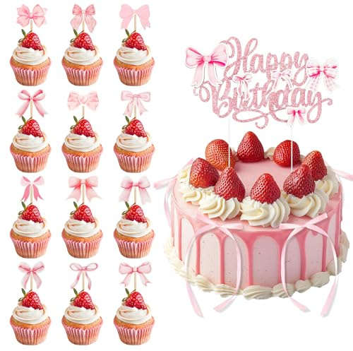 19 Stück Rosa Schleife Tortendeko,Rosa Bogen Tortenaufsatz mit Happy Birthday Schild Geburtstagsdekoration,Geburtstagsdekoration Cake Decoration für Mädchen Geburtstag Party Hochzeit Valentinstag