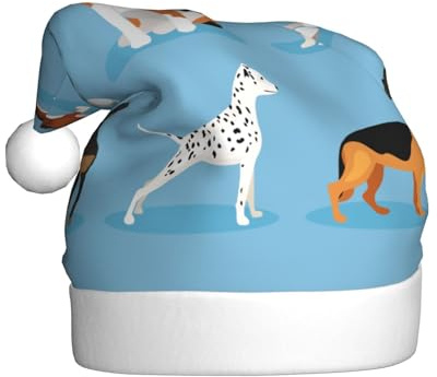 Juxweku Weihnachtsmütze Hunde Blau Nikolausmütze Weihnachtsmann Mütze fur Erwachsene Herren Damen Festliche Partys Weihnachtszubehör