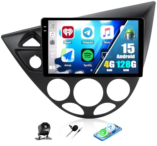 Android 15, 4G+128G CAMECHO Radio Coche para Ford Focus MK1 C170 1998-2005 Carplay Android Auto, Touch Radio para Coche de 9 Pulgadas 2Din con GPS Navi WiFi Bluetooth FM/RDS EQ SWC Cámara&Mic