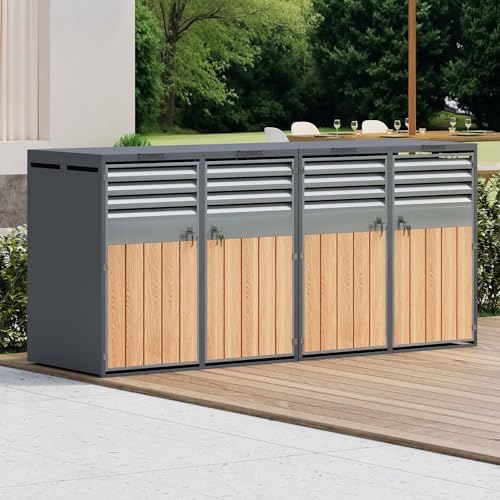RAPRAP Mülltonnenbox 4Er für 4 Mülltonne Bis 240L mit Klappdeckel, Lüftungsöffnung Mit Lamellen, Trash Storage Compartments,Abschließbar, Zwei Türen, Garten Müllbox, Mülltonnenverkleidung,4 Bin