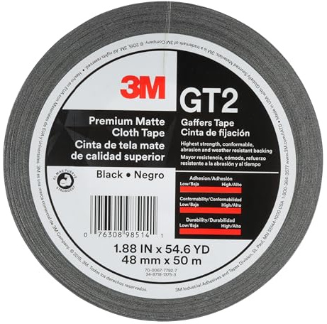 3M Cinta adhesiva de tela mate premium GT2, color negro, 48 mm x 50 m, 11 mil