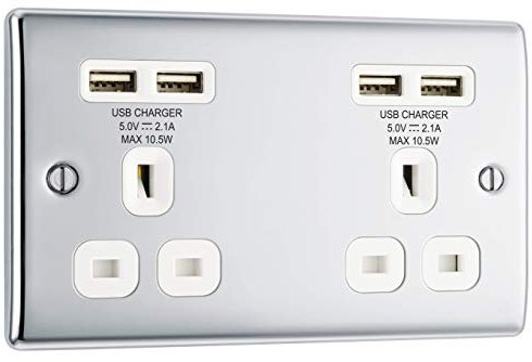 BG Electrical NPC24U44W-01 Double Unswitched Fast Charging Power Socket with Two USB Charging Ports, 13 A, Polished Chrome, 14.6 cm*3.1 cm*8.6 cm