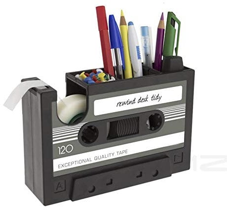 Creative Adhesive Tape Pen Holder Case, Retro Cassette Tape Dispenser Vase Brush Pot, Popular Pencil Desk Collection Tidy Organizer, Office Stationery Storage Container- Unique Gift (Gray)