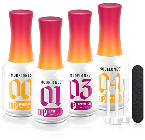 Modelones Dip Powder Liquid Set 4+4 Pcs, Dip Powder System Set with Base Coat/Top Coat/Activator/Brush Saver/Manicure Tools for Nail Kit Art DIY Salon - 15ml/0.5oz