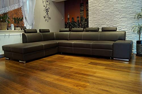 Quattro Meble Echtleder Ecksofa Sofa Couch mit Schlaffunktion, Bettkasten und Kopfstützen Echt Leder mit Ziernaht Eck Couch große Farbauswahl