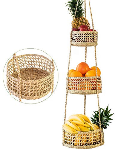 DEKOFY Obstkorb hängend [145cm] - Handgemachter Obst Hängekorb aus 100% natürlichem Seegras - zur Obst Aufbewahrung, Hängekorb Küche, Hängender Obstkorb