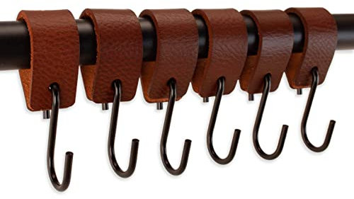 Brute Strength - S Haken Mit Lederschlaufe - Cognac - 6X - 12,5 x 2,5 cm - Kleiderhaken Garderobenhaken Fleischerhaken Leder