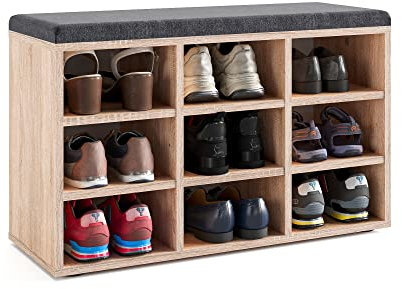 KOMTO Schuhbank mit Sitzfläche - Schuhregal Sonoma Eiche 80 x 50 x 30 cm Schuhschrank mit Sitzbank Flur Bank mit Stauraum Garderobenbank Sofia