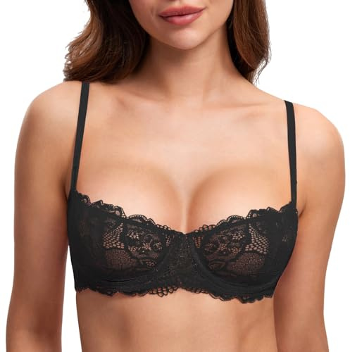 DOBREVA Women's Unlined Balconette Bra Sexy Lace Sheer Underwire Large Breasts Demi Cup Black 36C