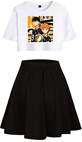 Flyself Haikyuu!! Anime Cosplay Trainingsanzug Karasuno High School Volleyball Uniform T-Shirts und Kurze Röcke Set Sommer Anzug Crop Top + Röcke Trainingsanzug Sport Set für Mädchen Damen
