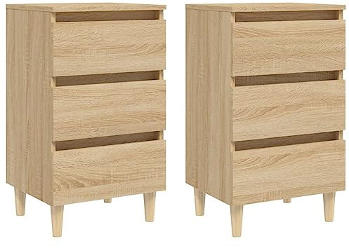 vidaXL 2X Nachttisch mit Massivholz-Beinen 3 Schubladen Nachtschrank Nachtkonsole Nachtkommode Schlafzimmer Schrank Kommode Sonoma-Eiche 40x35x69cm