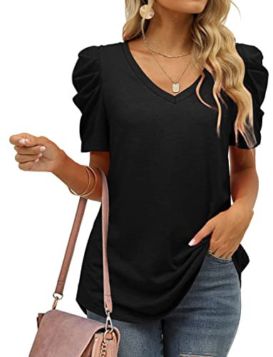 Aokosor Summer Tops for Women V Neck T Shirts Ladies Gigot Sleeve Casual Loose Tee Black Size 10-12