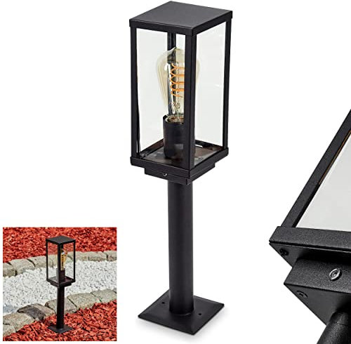 Außenwegeleuchte Lapa, moderne Sockelleuchte aus Metall/Glas in Schwarz/Klar, Wegeleuchte 50 cm m. Dämmerungssensor (Ein-/Ausschalter), Gartenlampe m. E27 max. 60 Watt, Gartenbeleuchtung IP54