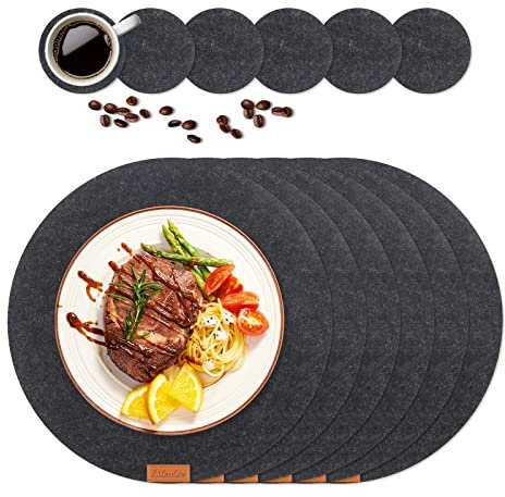 12er Set Premium Tischset Platzset aus Filz, 6 Rund Platzsets mit 6 Untersetzer Abwaschbar Hitzebeständig und rutschfest Tischuntersetzer Platzdeckchen für Küche, Partz, Hochzeit (Dunkelgrau)