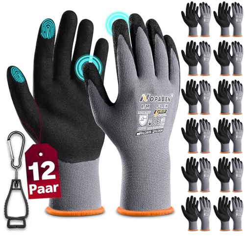12Paar Arbeitshandschuhe mit grip herren, mit Rutschfeste Nitril-Beschichtung Mechaniker Handschuhe, Montagehandschuhe mit optimaler Griffigkeit & feinem Tastgefühl, gartenhandschuhe damen, Größe 8/M