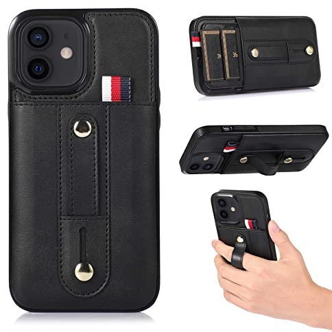 ZCDAYE Case for iPhone 14, Non-slip Finger Holder Adjustable Strap Leather Wallet Phone Case for iPhone 14 (6.1 inches), Black