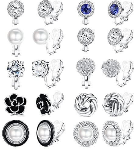 JeryWe 10 Pairs Clip Earrings Stud for Women Clip On Earring for Non Pierced CZ Flower Simulated Freshwater Pearl Twist Knot Clip Earrings Sets