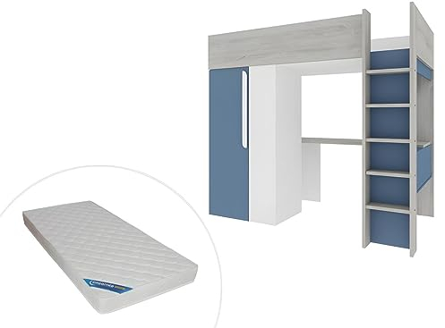 Vente-unique-Hochbett mit Schreibtisch & Kleiderschrank + Matratze - 90 x 200 cm - Blau & Weiß - Nicolas