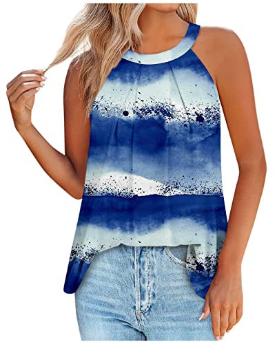 Azruma Langarmshirt MäDchen Bluse Damen Weiß Partner Tshirt Sommer Einfarbige Neckholder ÄRmelloses Plissee Tanktops Frauen Lang Tunika Oberteile Schlupfbluse Damen (2-Royal Blue, XL)