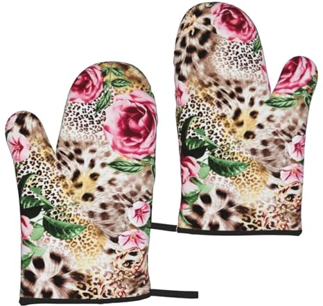 Ofenhandschuhe mit Tier-Tiger, Leopardenmuster, Rose, Blume, 1 Paar – hitzebeständig, wasserdicht, Ofenhandschuhe zum Backen, Kochen, Grillen