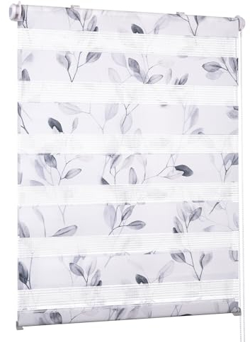 Deswell Doppelrollo Klemmfix ohne Bohren Weiß-Blätter B40 x H150 cm (Stoffbreite 36cm) Rollos für Fenster ohne Bohren mit Blüten Motiv Duorollo für Lichtdurchlässig Höhe Stufenlos Verstellbar