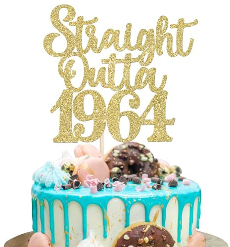SYKYCTCY 1 Pack 60th Birthday Cake Topper Glitter Straight Outta 1964 Sixty Awesome Since 1964 Cake Pick 60 Fabulous Cupcake Decorations for 60th Birthday Wedding Anniversary Party Supplies Gold