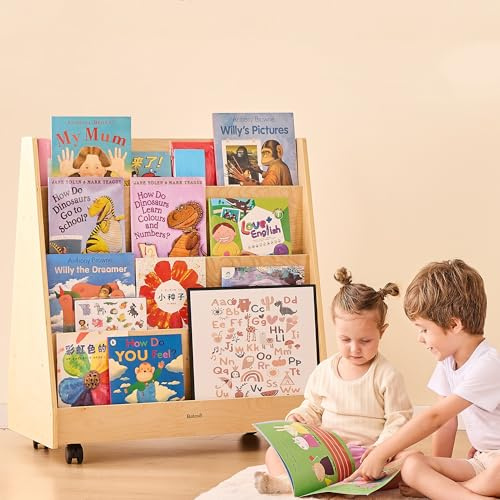Bateso Kinderbücherregal für Kleinkinder und Babys, doppelseitiges Montessori-Bücherregal aus Holz für das Kinderzimmer, Babybücherregal mit Stauraum für Kinderzimmer, Klassenzimmer, Spielzimmer