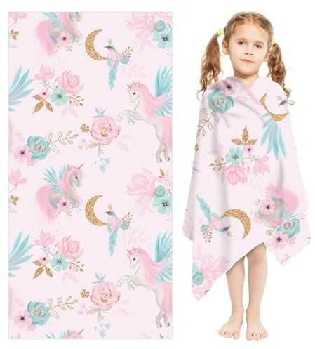 Serviette de Plage Microfibre Enfants 130 x 80 cm | Ultraléger & Séchage Rapide | Serviette de Bain Licorne avec Poche,Bouton Pression Couverture de Plage Piscine Voyage Natation Serviette de Douche
