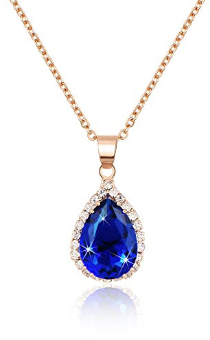 Linawe Rose Gold Sapphire Crystal Navy Blue Imitation Diamond Pendant Necklace for Women Trendy, Cubic Zirconia Moonstone Moissanite Boho Wedding Bride Jewellery Set