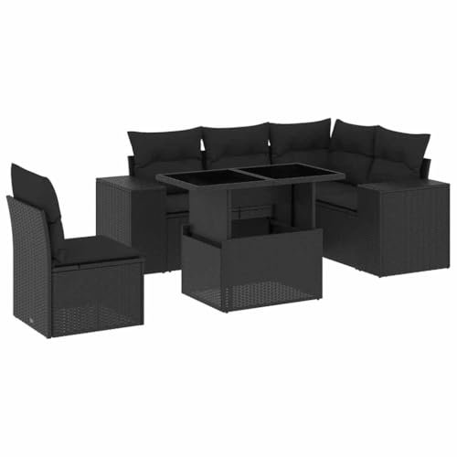 vidaXL Garten Sofa Garnitur 6-TLG., Gartenmöbel Set mit Kissen Modular, Lounge Sitzgruppe für Garten Terrasse, Gartentisch Verstellbare Tischplatte, Schwarz Poly Rattan