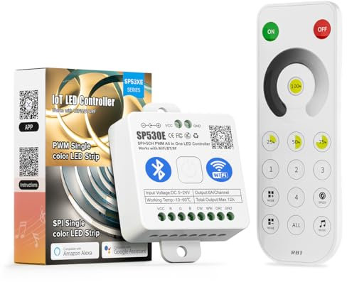 BTF-LIGHTING 4 Zone 2.4GHz Telecomando RF dimmerabile RB1 e SP530E WiFi Bluetooth Controllore Kit Supporto FCOB COB SMD PWM o SPI Strisce LED monocolore DC5V DC12V DC24V