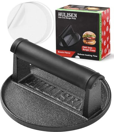 HULISEN Pre-Seasoned Cast Iron Burger Press Includes 100 Pcs Patty Paper, 2.3lb Heavy Duty 6” Burger Smasher for Griddle with Heat Resistant Handle, Grill Press for Hamburger, Bacon, Meat