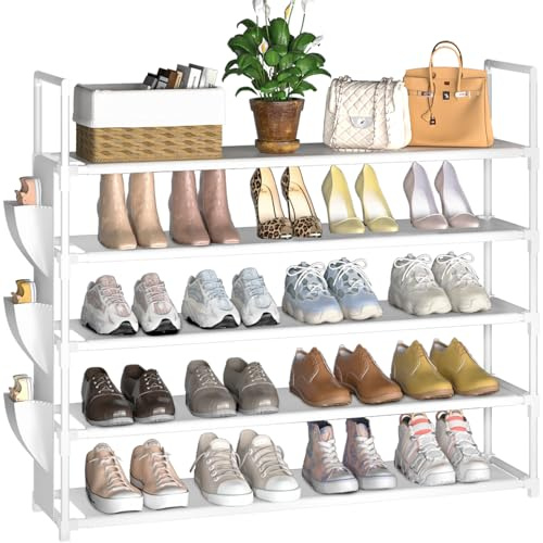 OYREL Schuhregal 5 Ebenen, Große Kapazität Shoe Rack Schuhablage mit Seitentasche für 20-25 Paar Schuhe, Stark Schuhaufbewahrung für Schrank, Flur, Closet, Draußen, 85cm Breit Shoe Storage Weiß