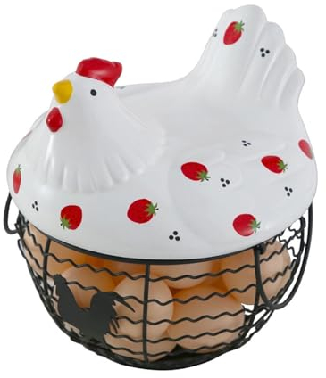 Draht-Eierkorb, Eierkorb mit Keramikdeckel und -griff, Eiersammelkorb, Bauernhofdekoration, für 25 Eier