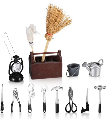 Wichtel Zubehör Miniatur Werkzeugkasten Set,13 Stück Wichtel Zubehör Halloween,Mini Holz Werkzeugkiste mit Werkzeug, 1:12 Metallwerkzeuge Simulation Ornament Dekor für Puppenhaus Gartengeräte