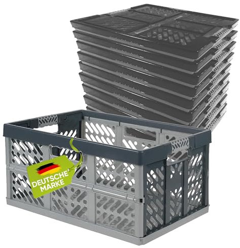 homesti Klappbox 45 L bis 50 kg, 10er Set, 54 x 36 x 28 cm, Einkaufskorb in Silber, stabil, faltbar, Soft-Touch Griffe, lebensmittelecht, pflegeleicht