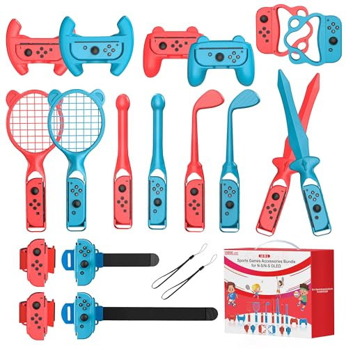 Switch Sport Zubehör Set Bundle, 18-in-1-Switch-Sportzubehörpaket für Nintendo Switch/Switch OLED, Familienzubehörset für Switch-Sportspiele mit Golfschlägern, Tennisschlägern, Schwertern