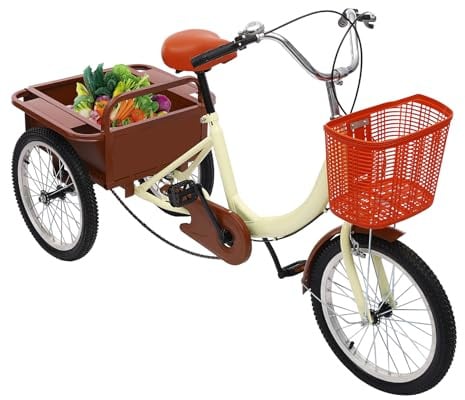 OMGGYER 18 Zoll Dreirad für Erwachsene Hochkohlenstoffstahl 3-Rad Fahrrad Dreirad Lastenfahrrad Tricycle für Adults und Senioren mit Einkaufskorb & hinterer Korb, Tragfähigkeit 150kg (Beige)