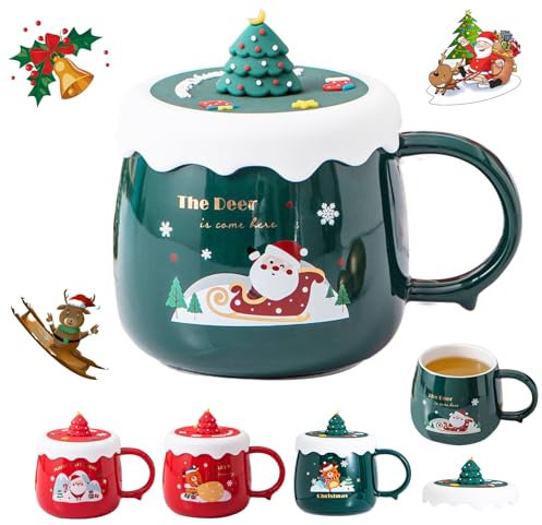 MeYuxg Weihnachtstassen, Weihnachten Keramik Kaffeetasse 400ml, Tee Saft Milch Weihnachtsbecher mit Deckel, Niedliche Weihnachtstasse für Geburtstag Weihnachten Mädchen Jungen Geschenke, A (Grün)
