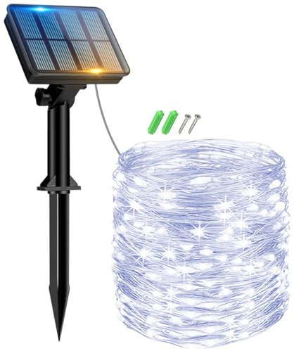 Peasur Solar Lichterkette Aussen, 12M 120 LED Solarlichterkette Außen Wetterfest, 8 Modi IP65 Wasserdicht Kupferdraht Lichterkette Outdoor für Balkon Garten Party Hochzeit Deko, Kaltes Weiß